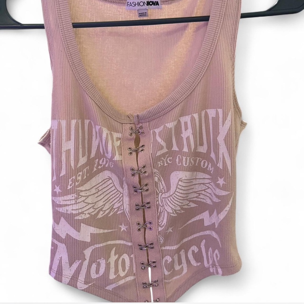 Fashion Nova Mauve Graphic Lace-Up Tank Top